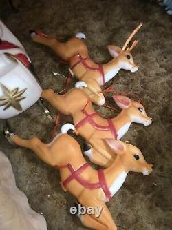 Vtg Empire Santa Sleigh & 3 Reindeer Blow Mold Christmas Light Yard Decoration