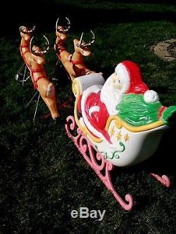 Vtg Grand Venture Santa in Sleigh With 4 Reindeer Blow Mold Christmas Decoration