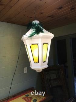 Vtg Municipal City Xmas Lantern Lighted White Blow Mold Stain Glass Look 34 Tall