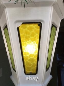 Vtg Municipal City Xmas Lantern Lighted White Blow Mold Stain Glass Look 34 Tall