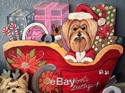 YORKIE SLEIGH SET Life Size Hand Painted Santa Christmas Yard Art Display OOAK